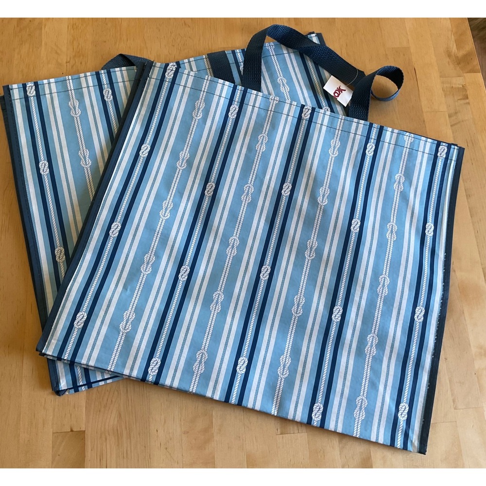 TJ Maxx Reusable Shopping Tote Bags Set of 2 Blue Nautical Rope Stripe‎ New